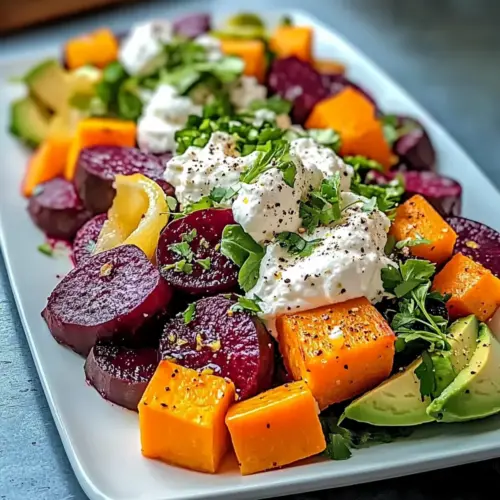 Roasted Beet, Sweet Potato & Avocado Salad with Whipped Ricotta & Lemon-Tahini Drizzle