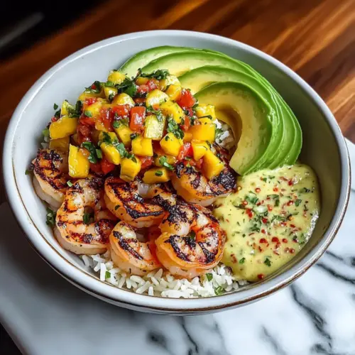 Shrimp and Avocado Bowls with Mango Salsa and Lime-Chili Sauce Recipe