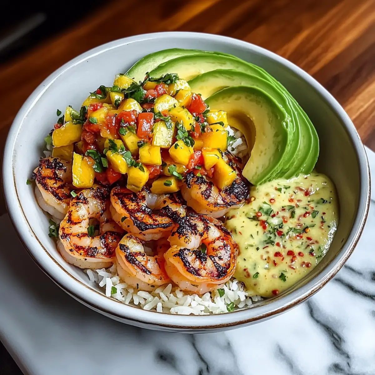 Shrimp and Avocado Bowls with Mango Salsa and Lime-Chili Sauce Recipe