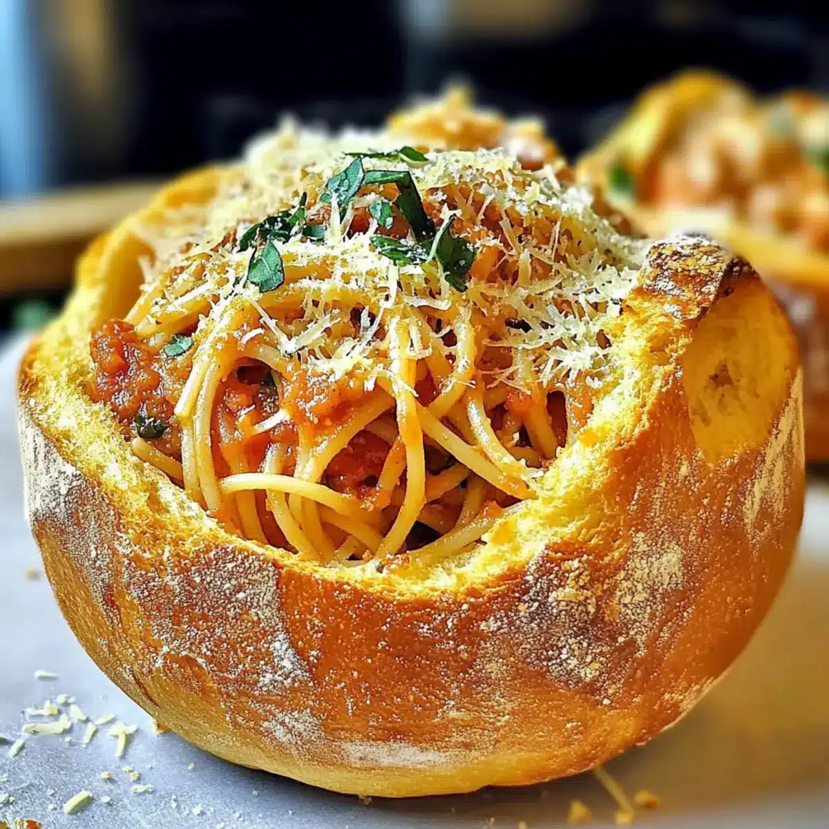 Spaghetti garlic bread bowls