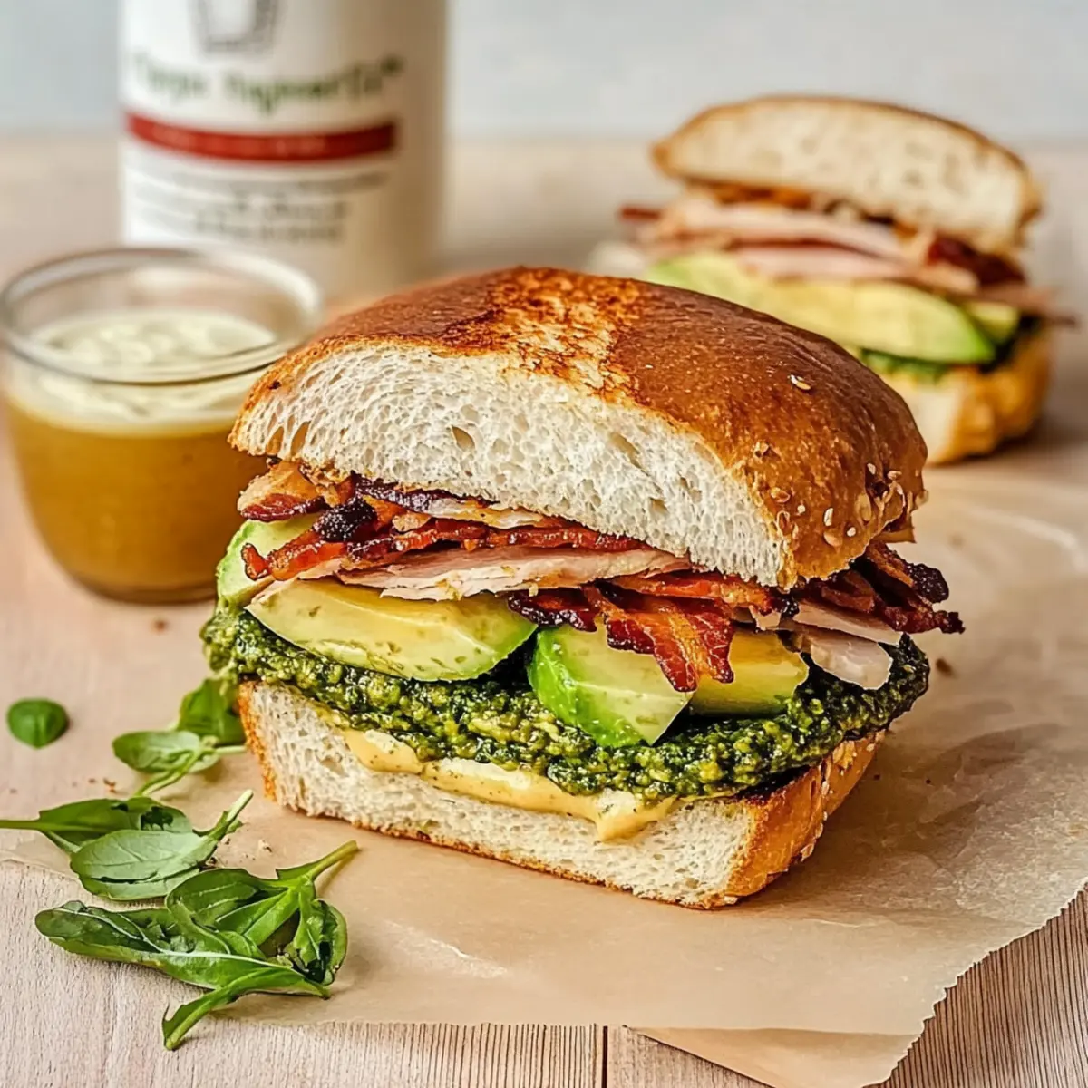 Picnic Style Pesto Turkey and Avocado Bacon Sandwich