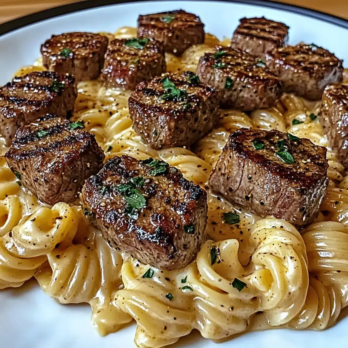 Creamy Garlic Butter Steak Bites with Spicy Cajun Alfredo Twisted Pasta