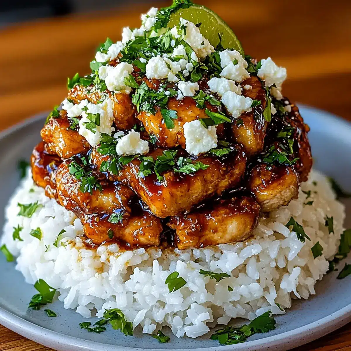 Honey Lime Chicken Rice Stack with Feta Crumble & Herbs