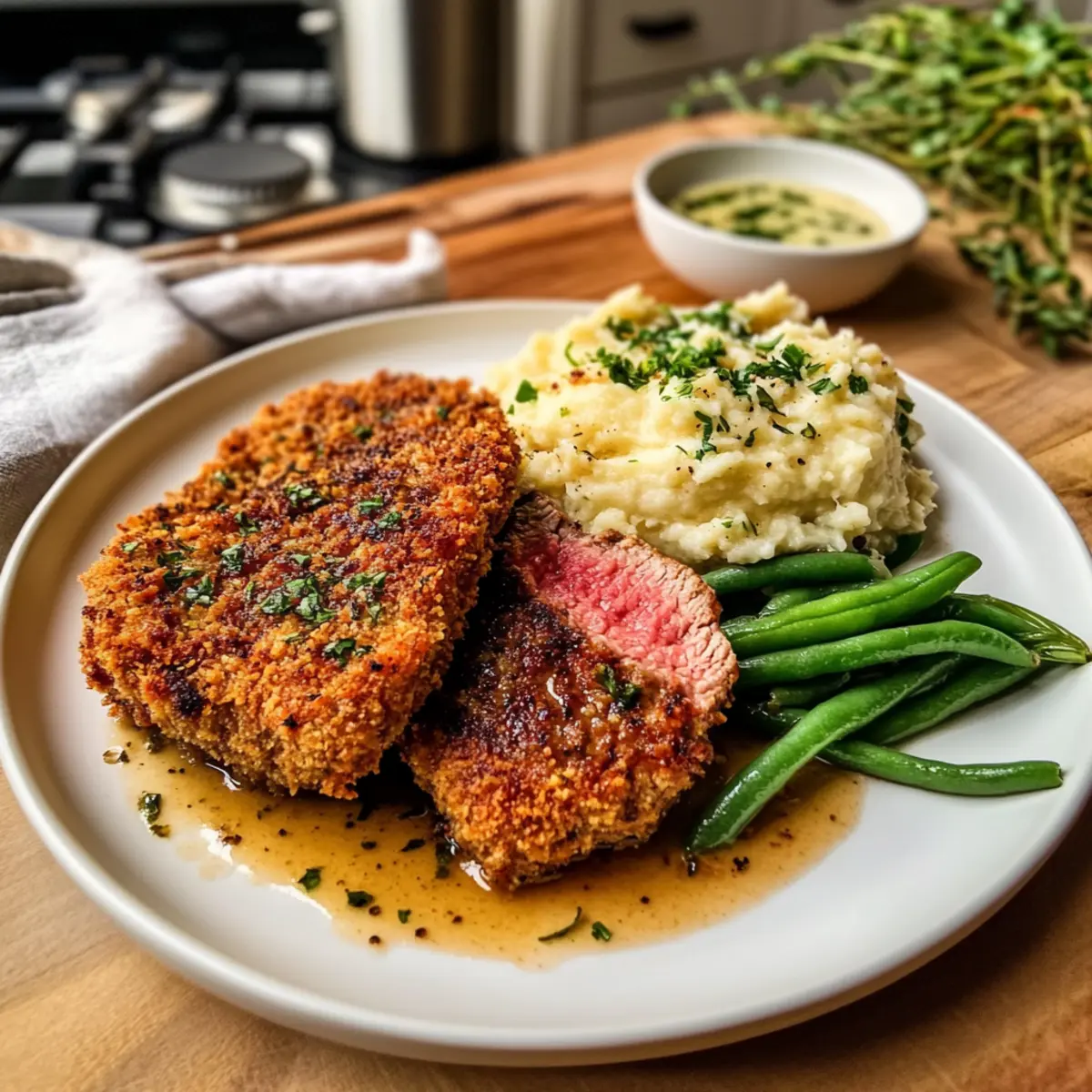 Crispy Breaded Steak with Garlic Butter Mash