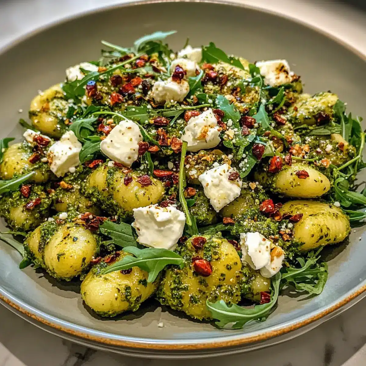 Sicilian Pistachio Pesto Gnocchi Salad with Arugula and Feta