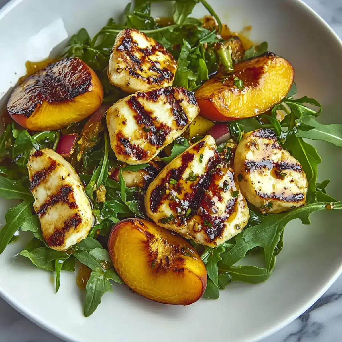 Spicy Hot Honey Halloumi Salad with Grilled Peaches