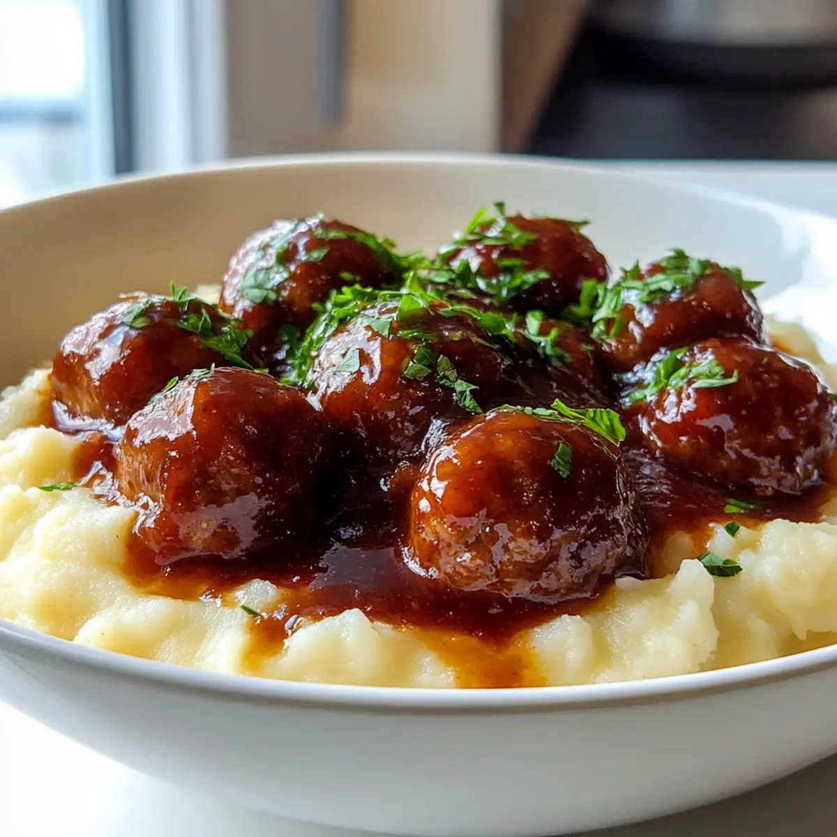 Beef Meatballs in Red Grape Juice with Mashed Potatoes and Gravy